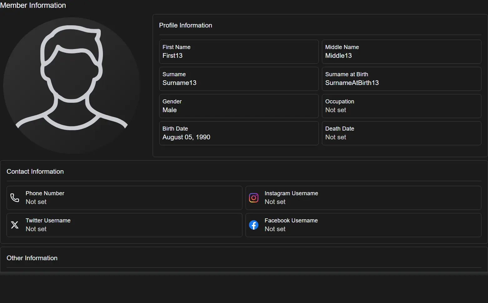 Rich member profiles (photos, dates, details) interface