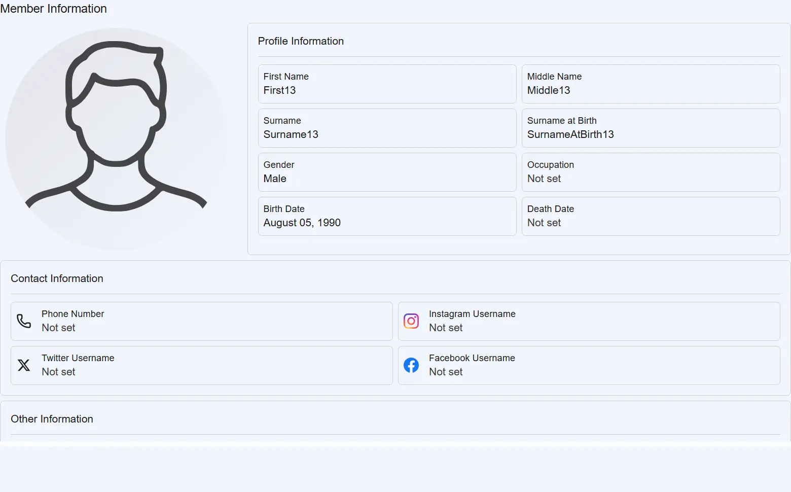 Rich member profiles (photos, dates, details) interface